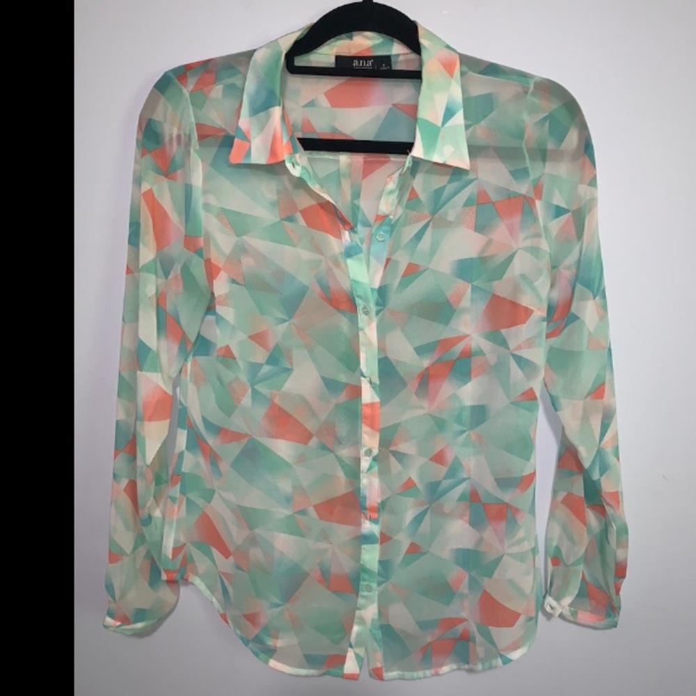Multicolored sheer long sleeve button up blouse